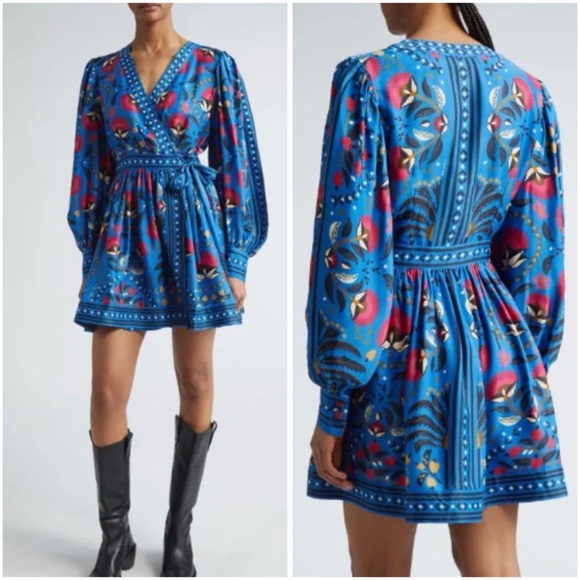 FARM Rio Dresses & Skirts - FARM Rio Women Size L Palms Paradise Wrap Mini Dress Blue Long Sleeve NWT$258